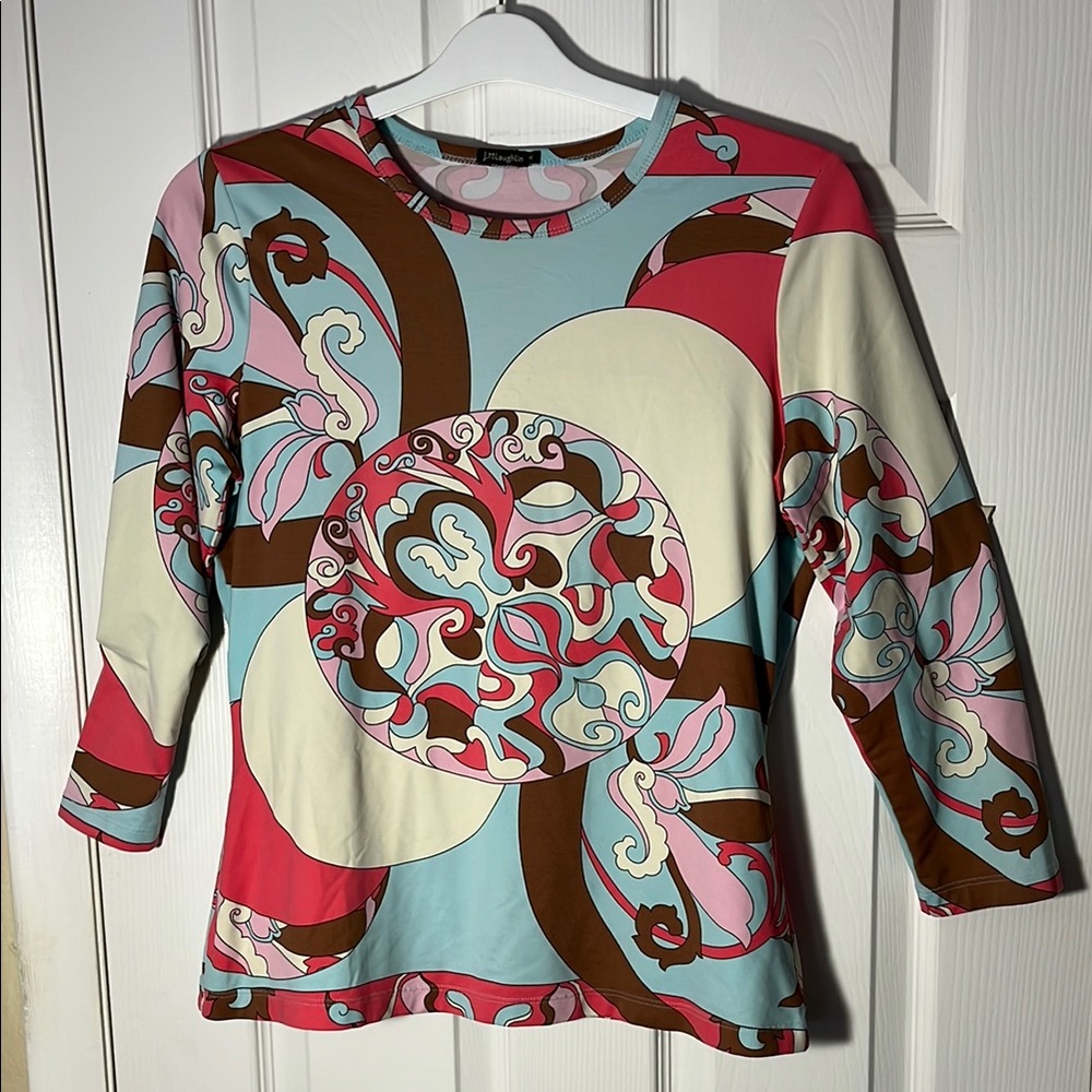 J McLaughlin catalina cloth pullover baby blue coral abstract paisley 3/4 slv M